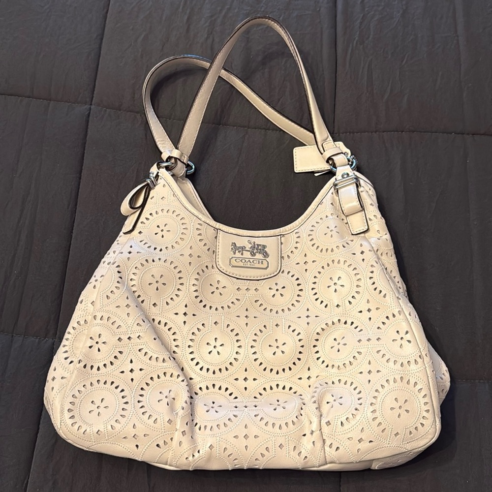 Coach Ivory Laser Cut Leather Maggie Shoulder Bag